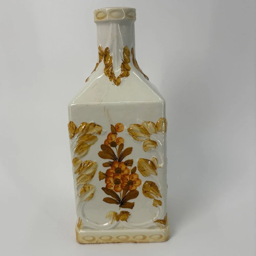 Italian Ceramic Bottle Vase Embossed Floral Design Vintage Hand-Painted Decanter